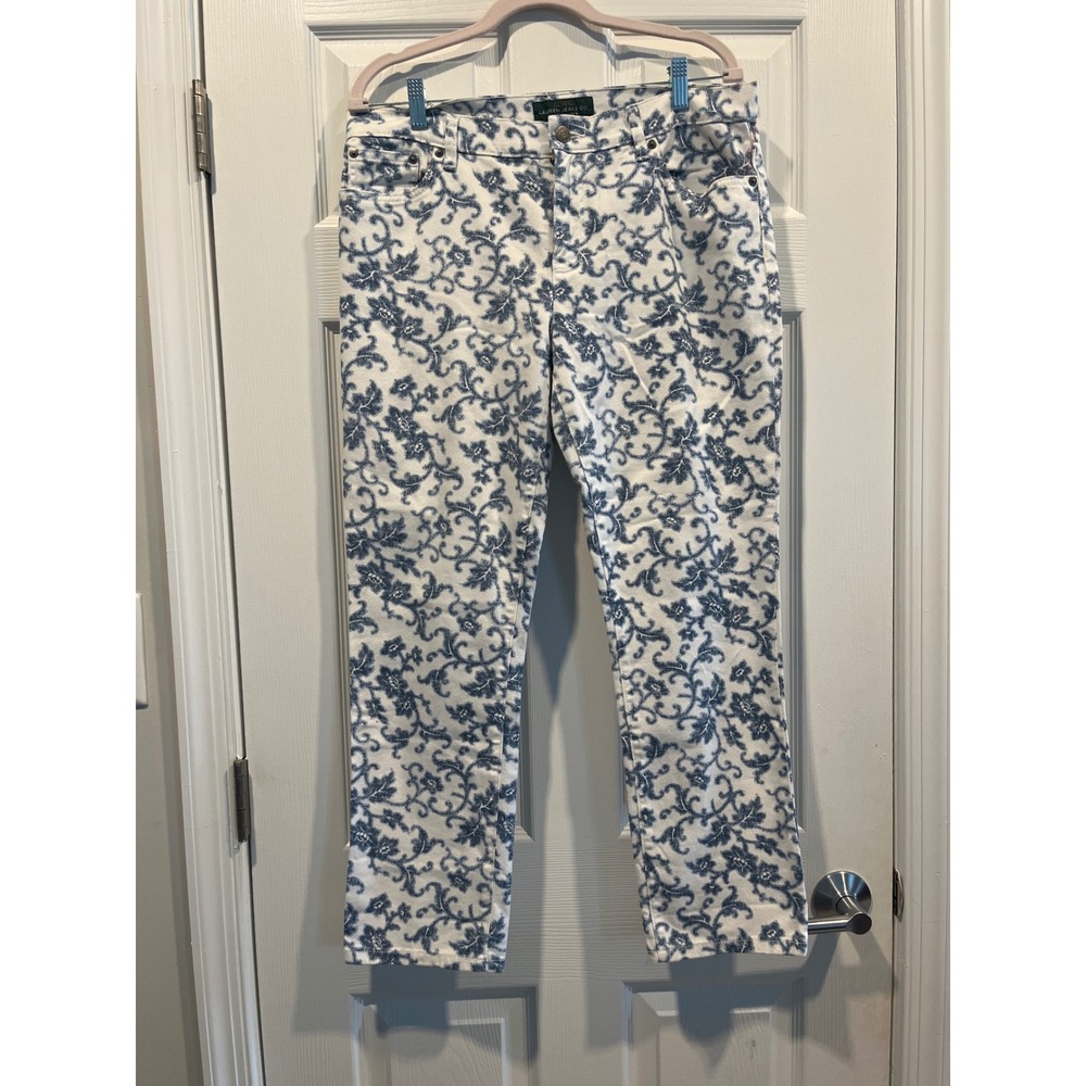 Lauren Ralph Lauren Blue White Floral Toile Straight Leg‎ Jeans Womens 12